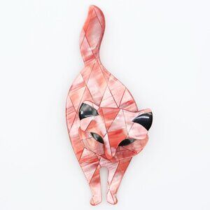 Vintage Lea Stein of Paris Attila the Cat Brooch Coral Pink Black France